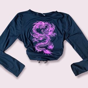 Backless Long Sleeve Pink Dragon graphic Crop Top.